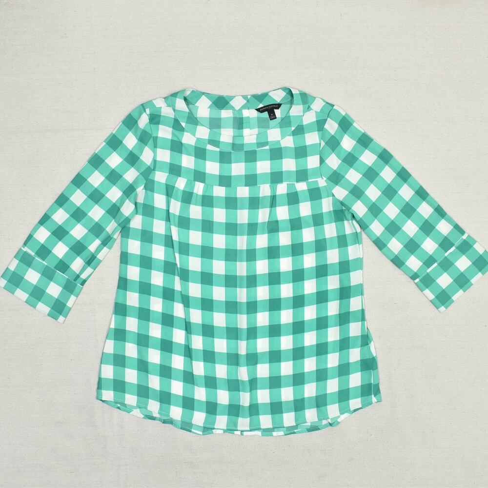 Banana Republic Women Blouse Top Polyester Green Plaid 3/4 Sleeve Crew Size M - Picture 1 of 8